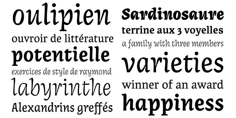 The three variants, Coline Premiere, Coline Cursive and Coline Extreme, and their weights allow a large range of contrasts to extend the conventional opposition roman/italic; each Coline has its own rhythm, angle, instrokes and outstrokes.