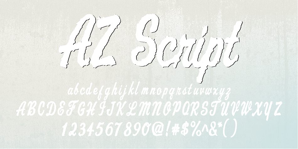 AZ Script font was inspired from a need to have a "worn look" on bold headline script of letters
This font utilizes an "old look" to the line work which is designed to have a "worn feel" to it.