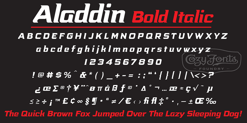 Aladdin Bold & Aladdin Bold Italic is the first font family created by American Graphic Designer Tom Nikosey.