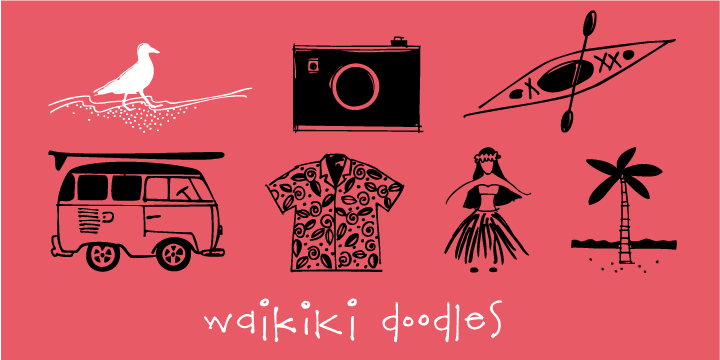 From generic tourist icons like palm trees and a camera to the more specific like Diamond Head and hula dancer.