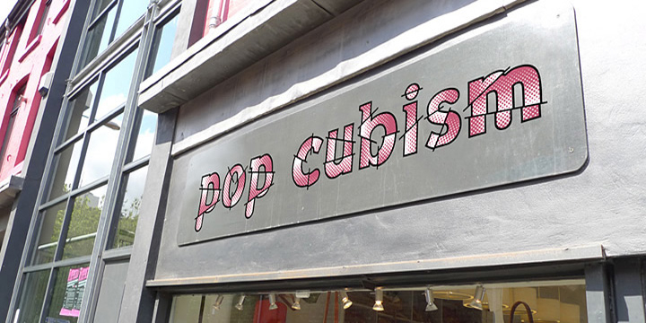 The Pop Cubism fonts are inspired by Roy Lichtenstein who combined the strong outlines and benday dots of Pop Art with the fragmented viewpoints and facet line divisions of Cubism.