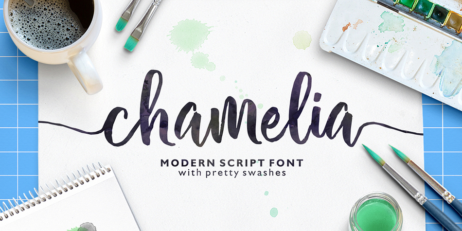 Chamelia Script font family sample image.