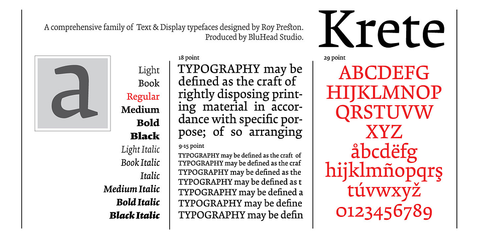 Krete is an extensive text family by British designer Roy Preston.