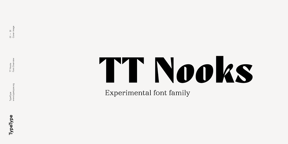 TT Nooks is an experimental font family that includes a high contrast serif, TT Nooks, and an upright italic, TT Nooks Script.