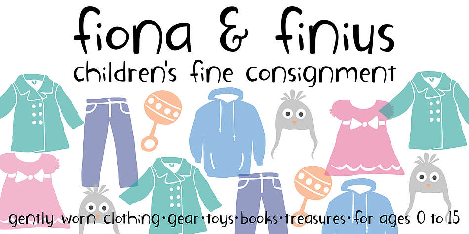 Fini Things, also designed by illustrator and font designer, Amy Dietrich, is a decorative collection of 26 loopy, spotty repeating border designs and kid oriented icons (like a pea coat, owl hat, hoodie, rubber duckie etc, plus a coffee cup - for mom and dad).