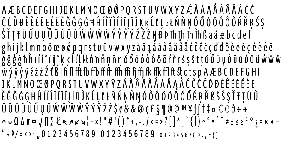 Ligatures, different figures, fractions, currency symbols and smallcaps can be found in all cuts.