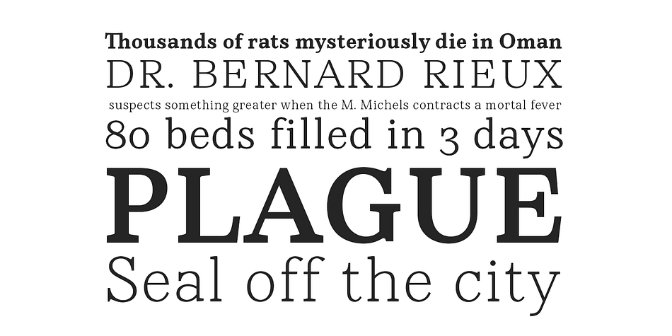 While the design is not directly derived from typefaces of that era, the shapes of letter-forms are informed by images of over-sized steel machines and the monolithic brick buildings that housed them.