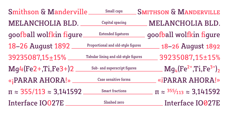 Sybilla Pro provides a broad range of advanced typographical features such as small caps, case-sensitive forms, fractions, scientific inferiors, super- and subscript characters.