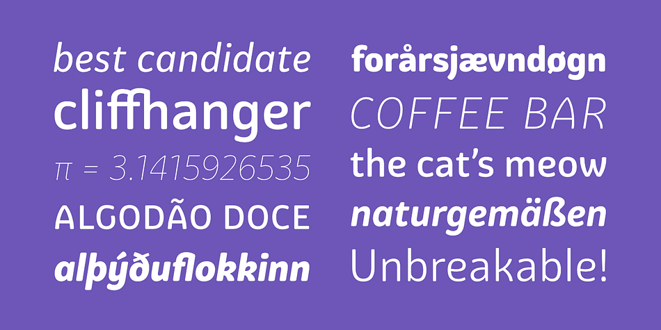 Combined with curved diagonal strokes and alternate glyphs, Graviola Soft makes for a super friendly typeface.