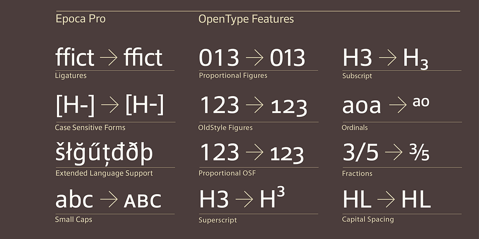 Epoca comes in eight weights and in OpenType format.