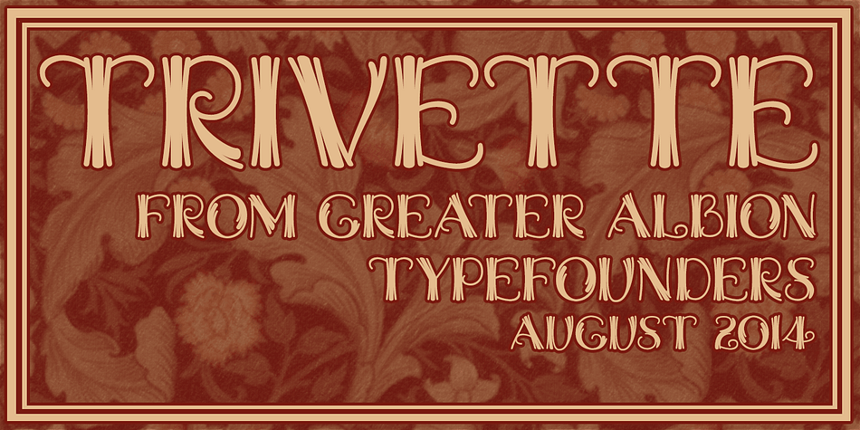 Trivette is an ‘All Capitals’ calligraphic display face, where all upright strokes are rendered as curves and where everything approaching the vertical are rendered in threes.