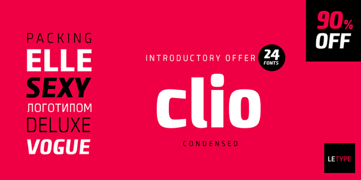Clio, Clio XS and Clio Condensed is a big family of 72 fonts.