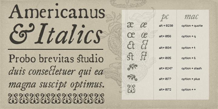 Typical of early 1800s newsprint type, Americanus Pro and Americanus Italics Pro have three historically accurate ornaments and discretionary OpenType features for commonly used ligatures like ct and st (also accessible manually), as well as support for Eastern European Latin and Baltic languages.
