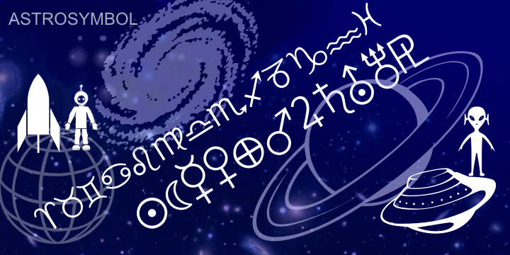 Non-alphabetical font Astrosym is a collection of astronomical, astrological and other cosmogonic signs and pictograms. It contains useful symbols of planets, zodiac signs, lunar phases and even the pictures of aliens.
