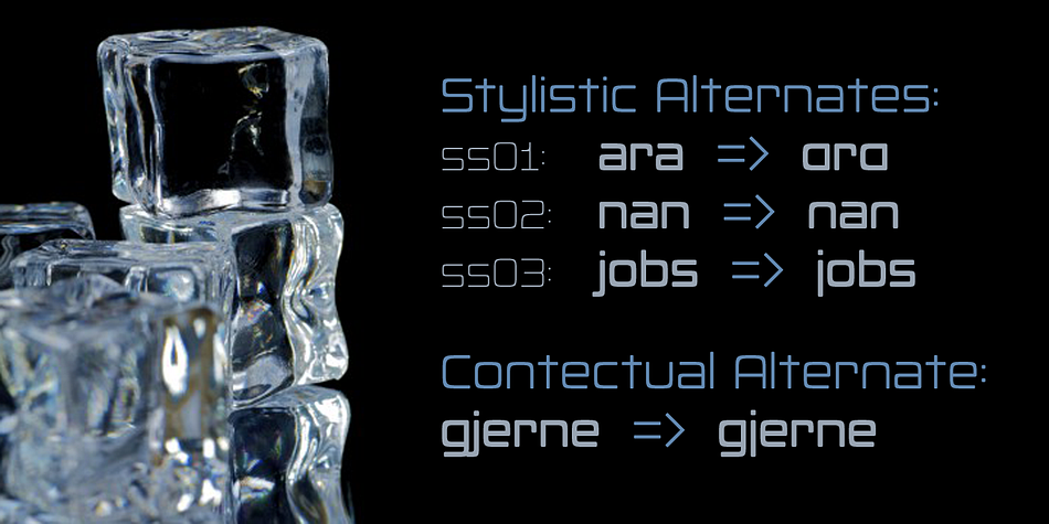 An alternate lowercase a and n is available as stylistic alternates - and a straight lowercase j (which also will be automatically substituted when the nornal j would collide with the preceding glyph).