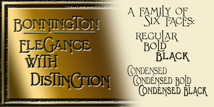 Bonnington is a Roman display face full of the spirit of the 1920s, developing further the ideas in our Bonning family.