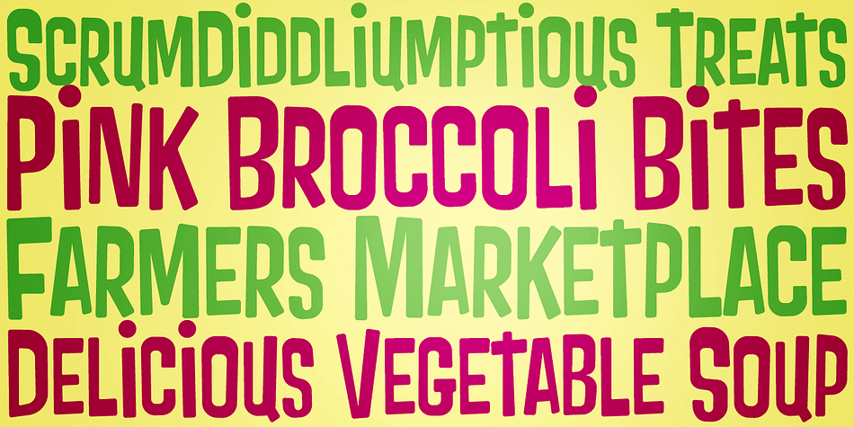 A soft-edged shortcaps typeface with enough funk to lighten any mood, Pink Broccoli was inspired by a vintage liquor store logo.