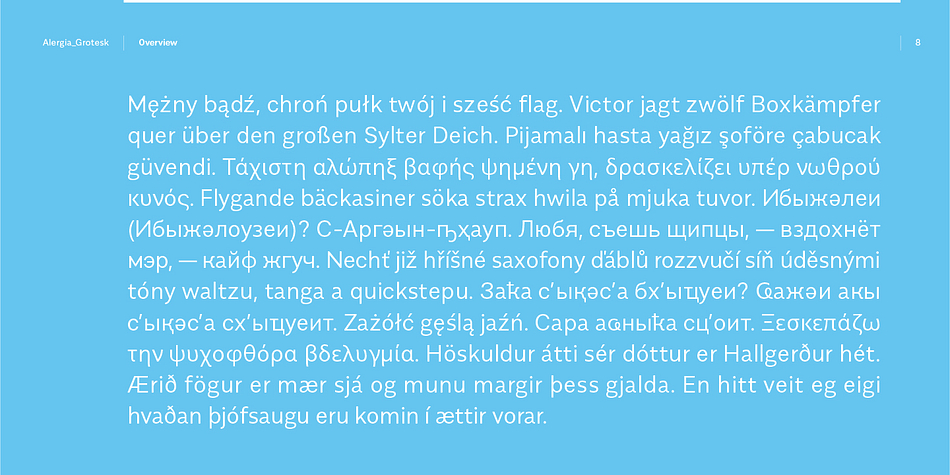 Displaying the beauty and characteristics of the Alergia Grotesk font family.