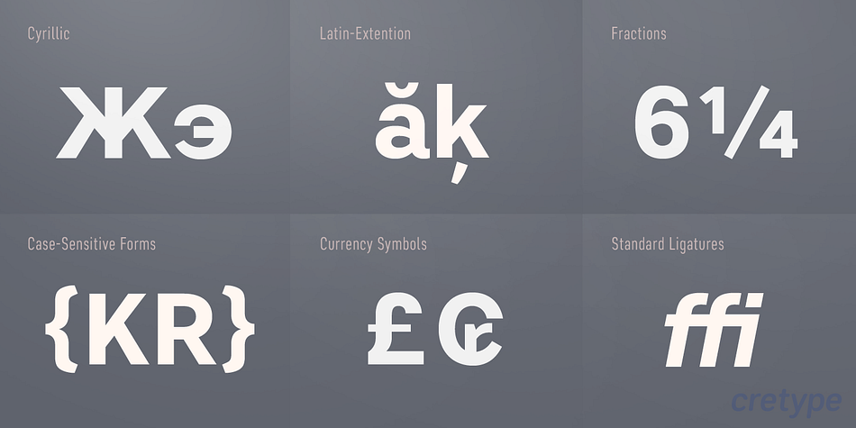 The Open Type fonts contain complete Latin 1252, Cyrillic, Central European 1250, Turkish 1254 character sets.