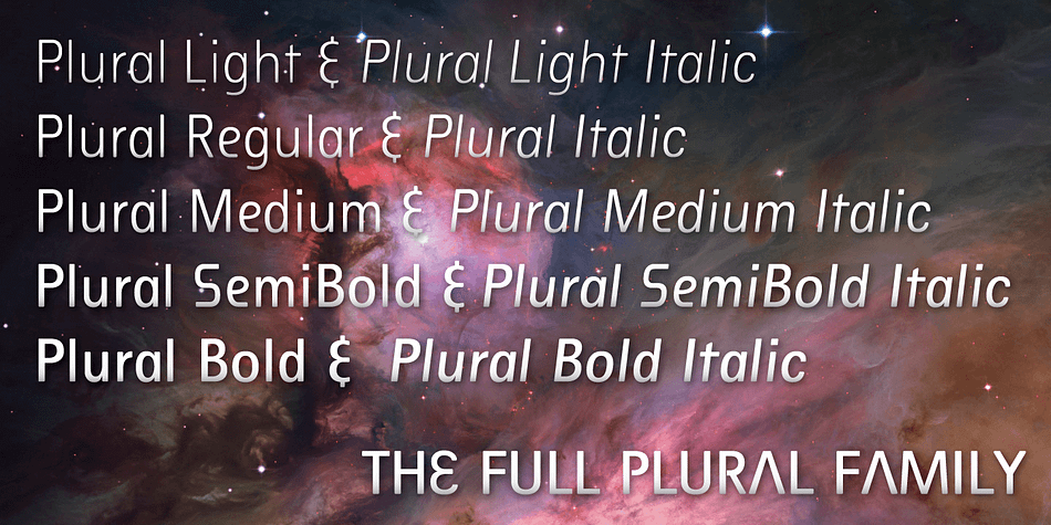 The typeface also includes five weights of a retro-futuristic display face called Plural Display that bring in more idiosyncratic characters for display setting- a NASA-inspired space age "A", a decorative "double-V" treatment for the "W", a flared "M" and a whole lot more.