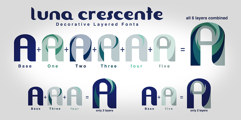Luna Crescene Base, Color 1, Color 2, Color 3, Color 4, Color 5, is a 6 font system that can be layered in different ways to create infinite title effects used commonly in poster and 3D logo design.