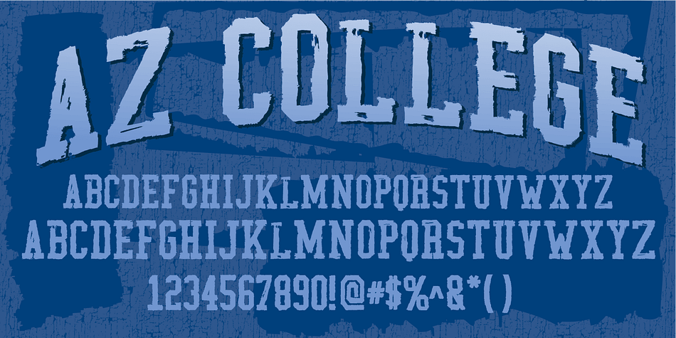 AZ College font was inspired from a combination of typical collegiate t-shirts designs and also the current wave of A&F t-shirt designs (rough look)
This font utilizes an "old look" to the line work which is designed to have a "worn feel" to it.