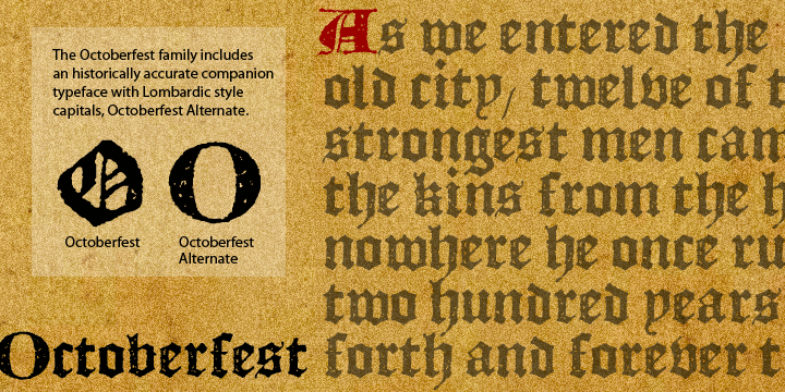 The OpenType versions of each have 26 ligature features that automatically substitute a unique pair of distressed characters when any lower case letter is keyed twice in a row, as well as support for Eastern European Latin and Baltic languages.