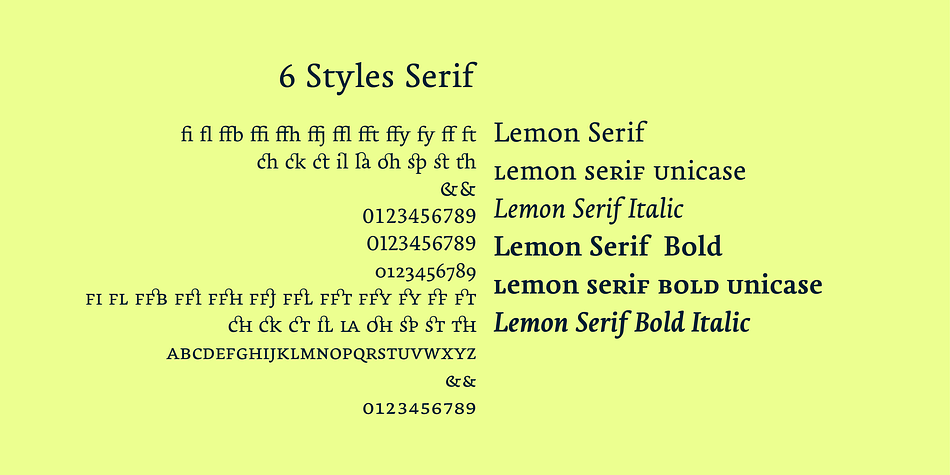 Most weights are available in a regular and a unicase character set plus their condensed versions.