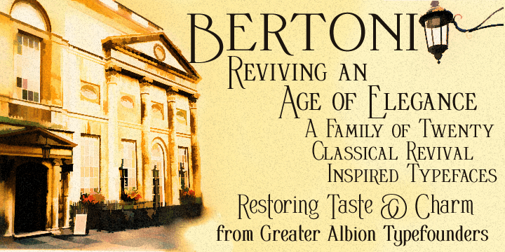 Bertoni is a high contrast Didone family of twenty faces, which combines extreme legibility with distinctive character.