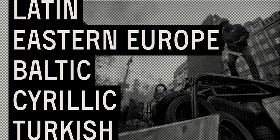 Its macho stance refers to the compressed rectangular forms of the early-20th-century jobbing types, with  influences by contemporary license plate lettering.