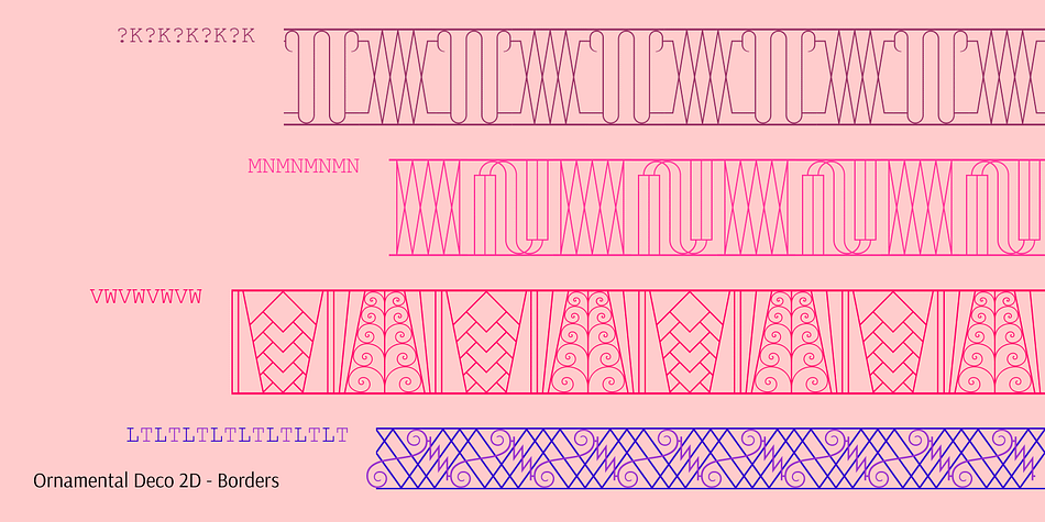 Displaying the beauty and characteristics of the Ornamental Deco 2D font family.