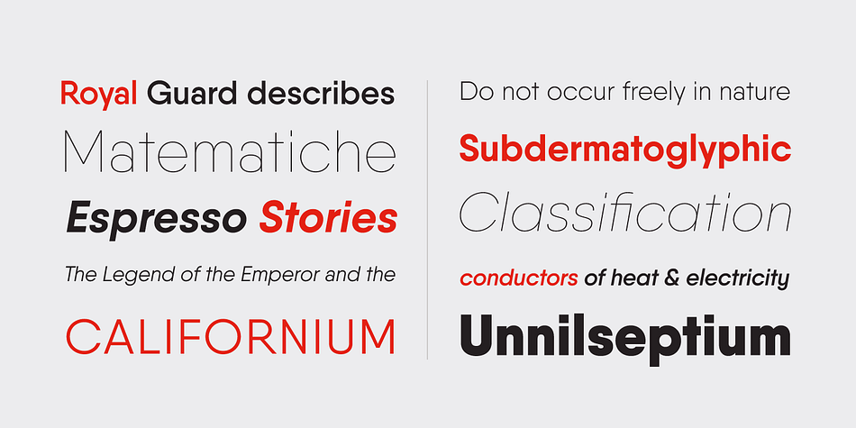 Designed with powerful OpenType features in mind, each weight includes alternate characters, fractions, extended language support (+ Cyrillic), arrows, ligatures, and more.