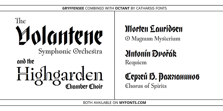 All these options are accessible through OpenType stylistic sets in the main Latin font, Gryffensee Eins.
