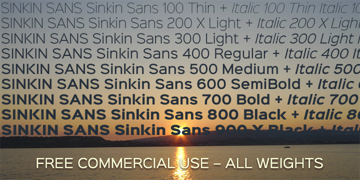 SINKIN SANS is a simple, pleasantly proportioned sans serif with tiny, inconspicuous notches that sink into verticals at the intersections of strokes adding highlights to congested corners.