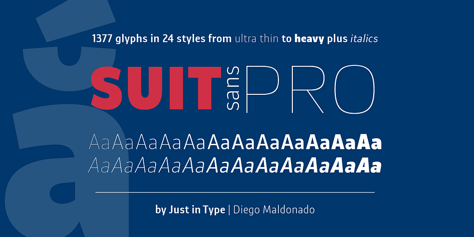 Suit Sans Pro is a typeface designed for multi-purposes with a wide range of 12 weights plus italics.