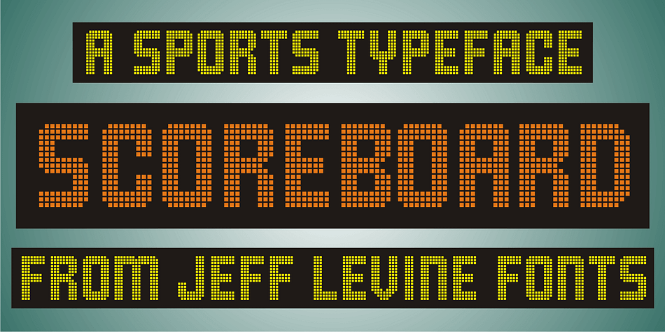 Scoreboard JNL emulates illuminated scoreboards and is based on an alphabet found in an old clip art book of sports-themed alphabets.