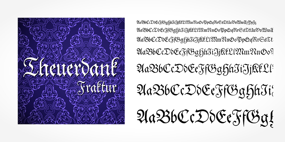 Theuerdank Fraktur Pro is a classic blackletter font of its epoch which inspires you to create vintage-looking designs with ease.