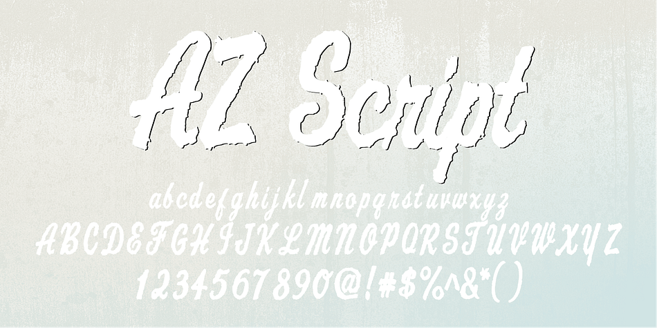 AZ Script font was inspired from a need to have a "worn look" on bold headline script of letters
This font utilizes an "old look" to the line work which is designed to have a "worn feel" to it.