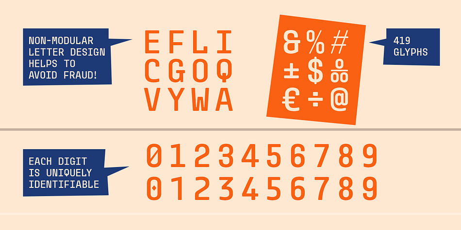 Its letters – all uppercase – are monospaced and instantly identifiable; however, they don’t look so technical that they’d be out of place in other design applications.