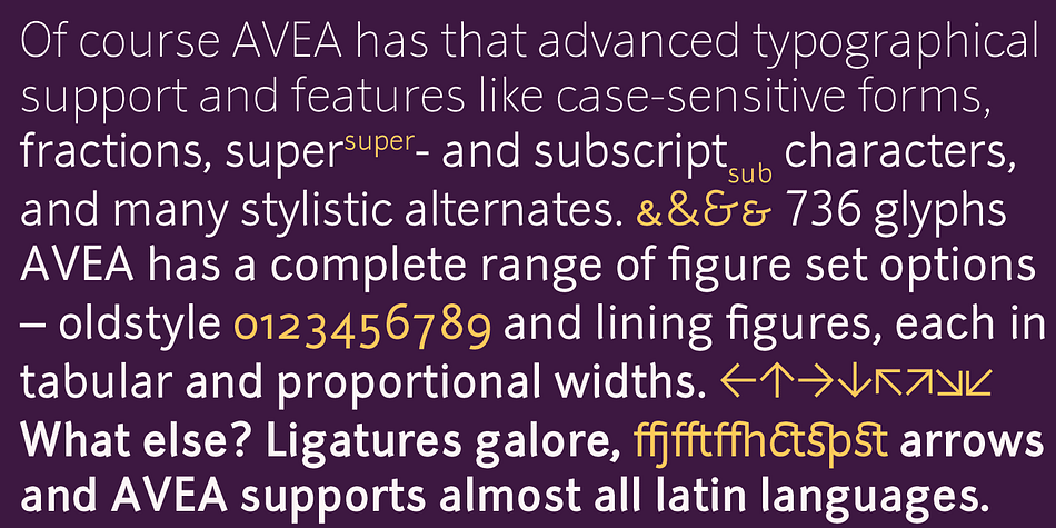 Ligatures, different figures, fractions, currency symbols and small caps can be found in all cuts.