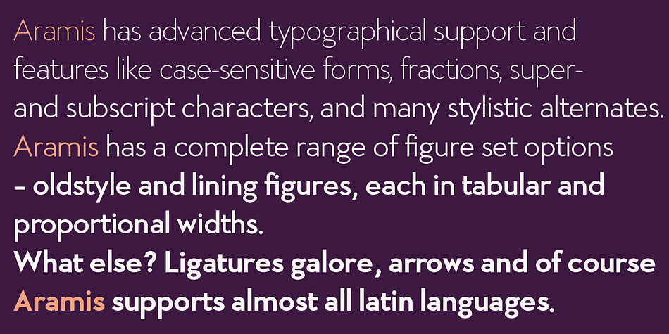 Aramis is an OpenType family for professional typography with an extended character set of over 700 glyphs and extensive kerning.