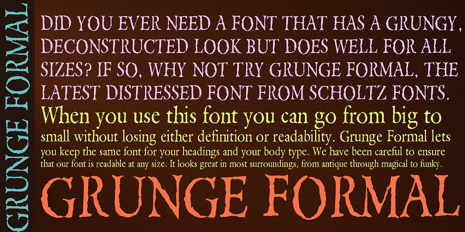 A most versatile contemporary typeface, Grunge Formal works equally well from funky to formal, from giant size headers to pint size body text, from movie posters to wedding invitations.