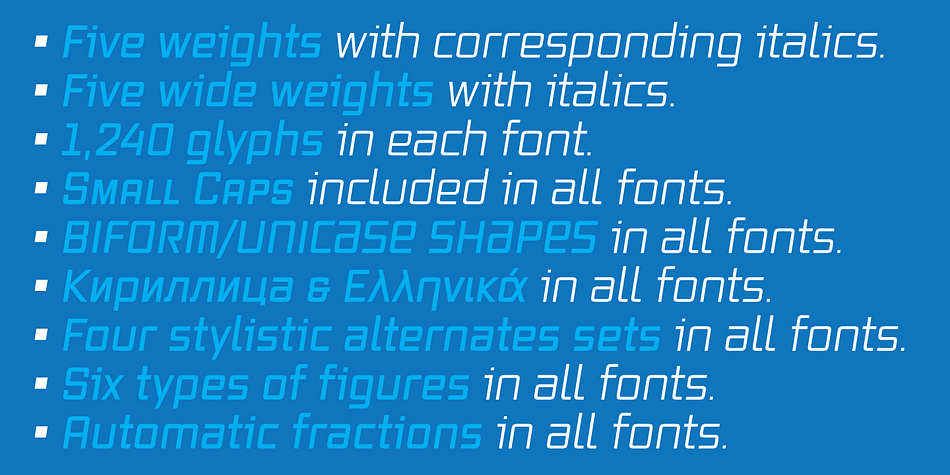 Built-in OpenType features include small caps, caps to small caps, four completely interchangeable sytlistic alternates sets, automatic fractions, six types of figures, ordinals, and meticulous class-based kerning.