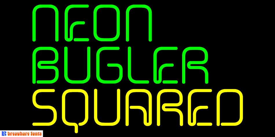 Neon Bugler Squared is a soft, boxy version of Neon Bugler, which is a font based on the third logo created by Harry Warren in early 1975 for his sixth grade class newsletter, The Broadwater Bugler, at Broadwater Academy in Exmore, Virginia, on Virginia