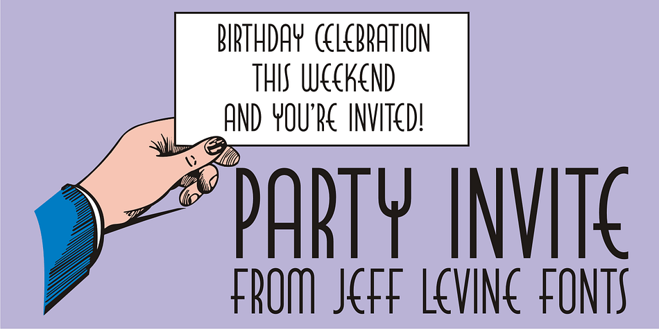 Party Invite JNL is a thin, condensed Art Deco sans based on lettering from a letterpress holiday stock cut (the predecessor to clip art) from the 1940s.