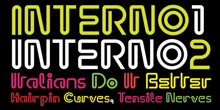 Interno is a headline typeface built from a Walter Ballmer Olivetti logo exploration drawn sometime in 1960.