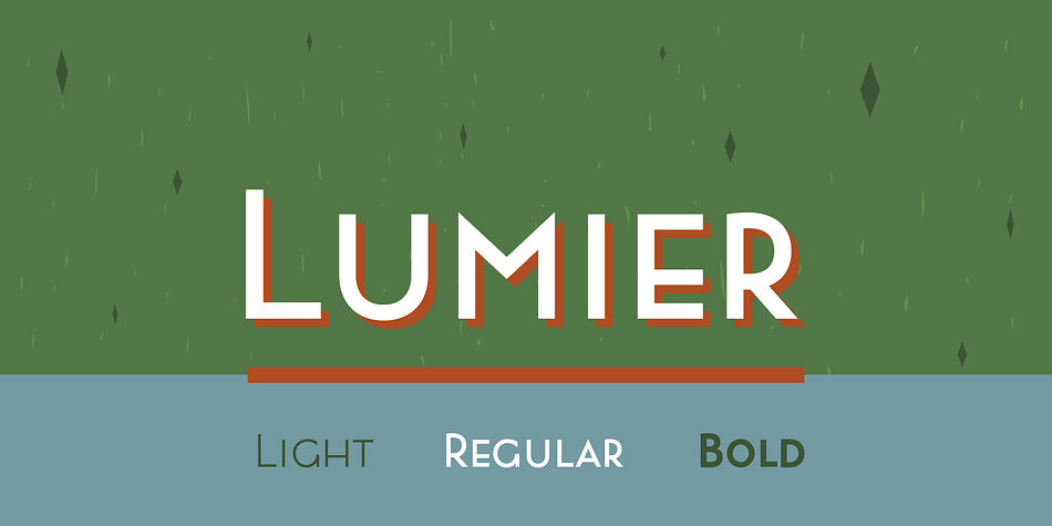 Inspired by art deco posters from period between WWI and WWII, Lumier comes in 3 weights with proportions of modern sans families.