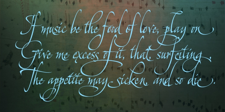 Use of its extensive OpenType features enable the designer to create text that constantly changes, giving the impression of genuine handwriting, but handwriting that has all the flair and styling of hand-done calligraphy produced towards the end of the twentieth century.