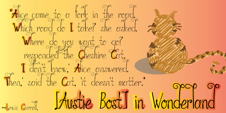 Austie Bost in Wonderland is a curly, handdrawn font for the young at heart.