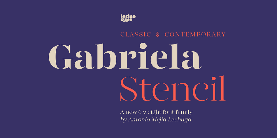 Gabriela Stencil is a classic font family with a unique character designed by Antonio Mejía Lechuga in collaboration with Latinotype Team.